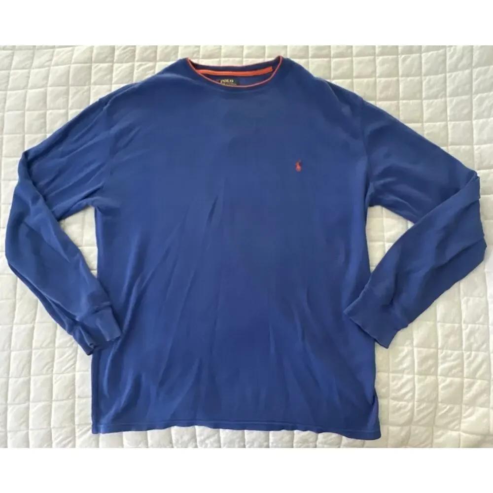 Polo Ralph Lauren Shirt Mens XL Blue Orange Trim Thermal Long Sleeve Waffle Knit